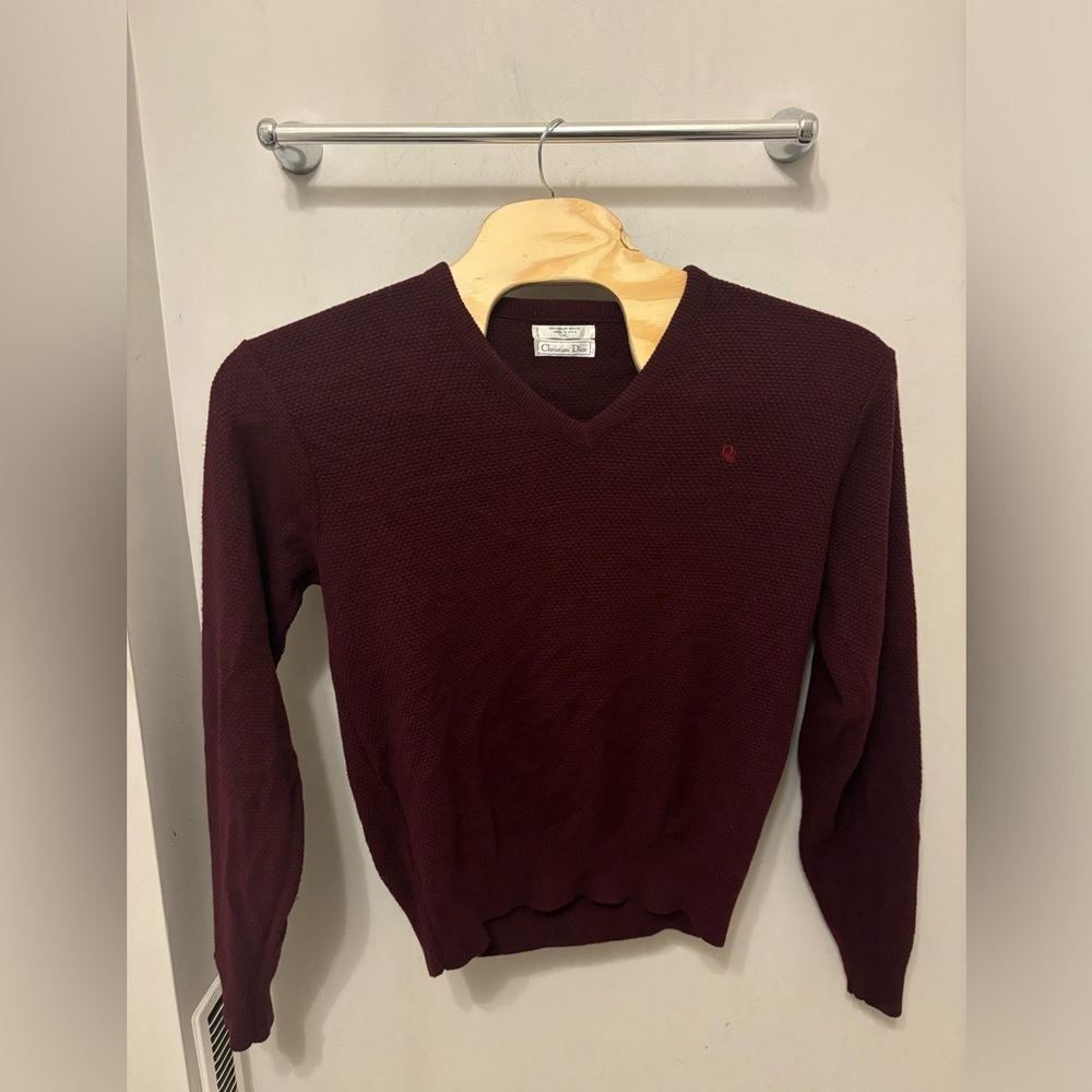 Vintage Christian Dior Sweater Mens XL Burgundy V Neck Pullover Orlon Made USA